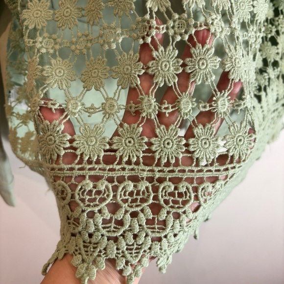 CELESTIAL BLUE Sz L Crochet Style Back Fringed 100% Cotton Mint Denim Jacket - Picture 9 of 9